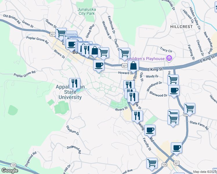 map of restaurants, bars, coffee shops, grocery stores, and more near 438 Academy Street in Boone