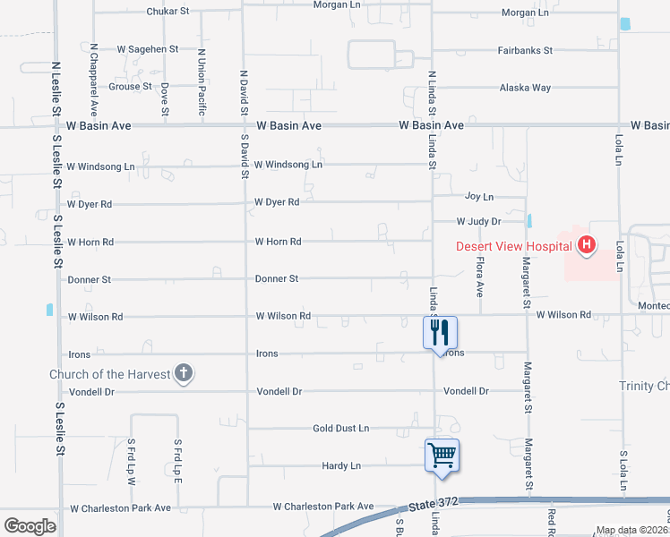 map of restaurants, bars, coffee shops, grocery stores, and more near 1270 Donner Street in Pahrump