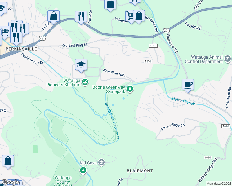 map of restaurants, bars, coffee shops, grocery stores, and more near 270 New River Heights Road in Boone