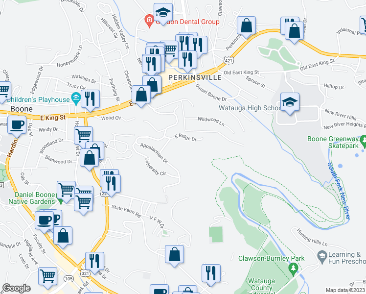 map of restaurants, bars, coffee shops, grocery stores, and more near 246 East Ridge Drive in Boone