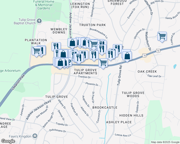 map of restaurants, bars, coffee shops, grocery stores, and more near 4701 Lebanon Pike in Nashville