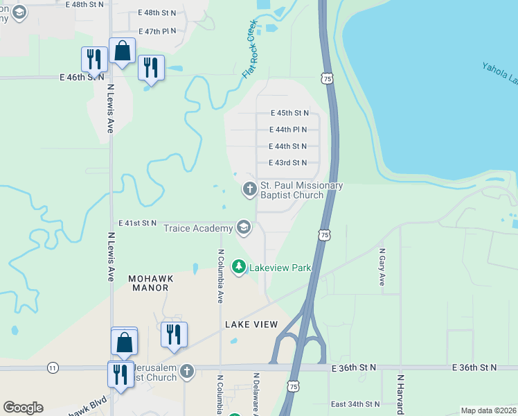 map of restaurants, bars, coffee shops, grocery stores, and more near 2806 East 42nd Street North in Tulsa