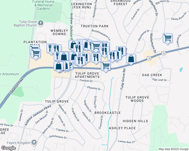 map of restaurants, bars, coffee shops, grocery stores, and more near 4701 Lebanon Pike in Nashville
