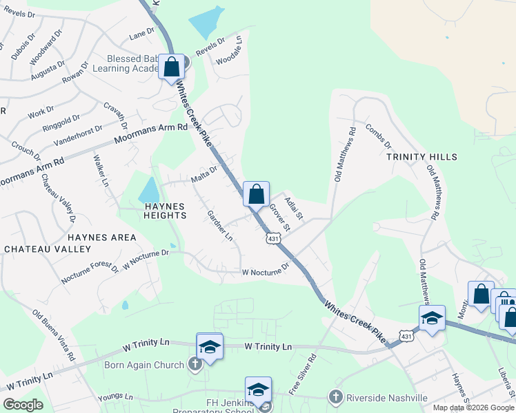 map of restaurants, bars, coffee shops, grocery stores, and more near 2504 Tennessee 65 in Nashville