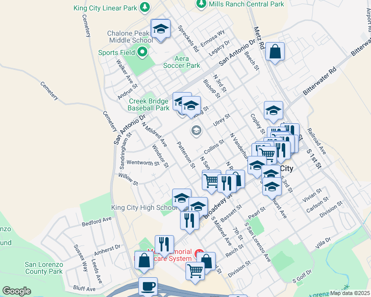 map of restaurants, bars, coffee shops, grocery stores, and more near 502 Patterson Street in King City