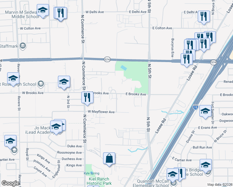 map of restaurants, bars, coffee shops, grocery stores, and more near 2 East Brooks Avenue in North Las Vegas