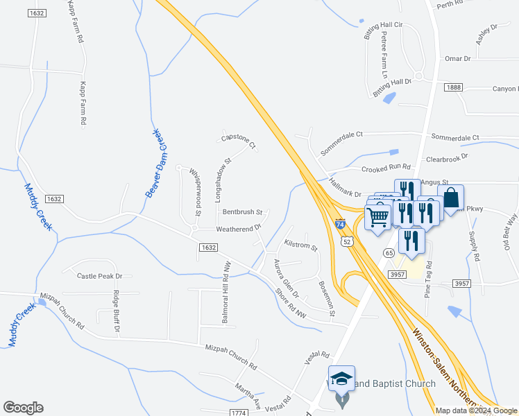 map of restaurants, bars, coffee shops, grocery stores, and more near 6413 Bentbrush Street in Rural Hall
