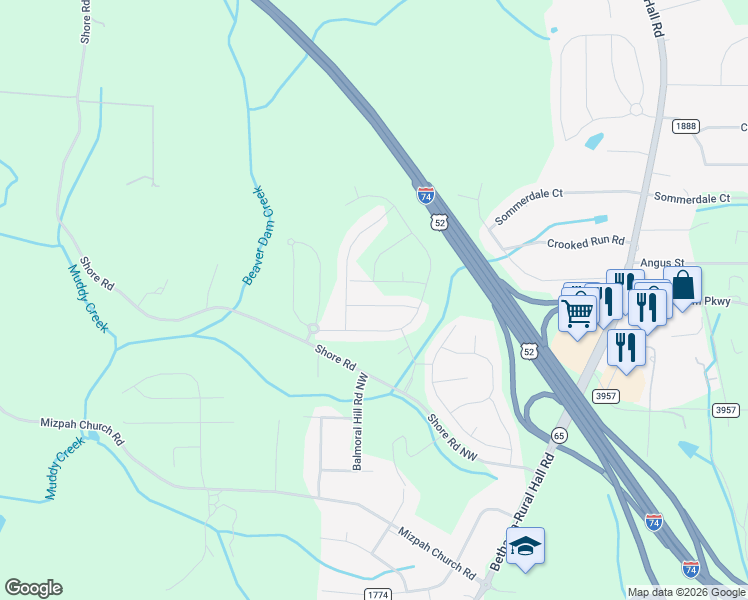 map of restaurants, bars, coffee shops, grocery stores, and more near 6437 Bentbrush Street in Rural Hall