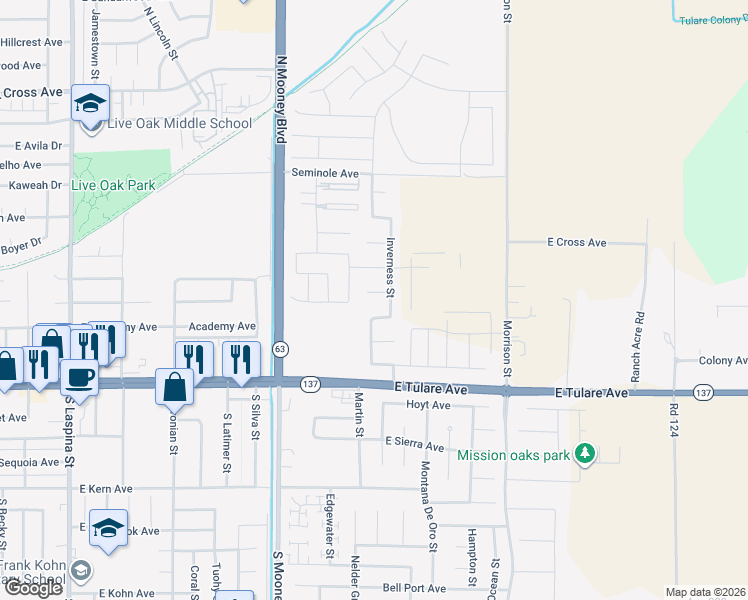 map of restaurants, bars, coffee shops, grocery stores, and more near 2624 Riviera Court in Tulare
