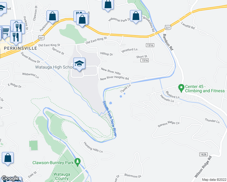 map of restaurants, bars, coffee shops, grocery stores, and more near 270 New River Heights Road in Boone