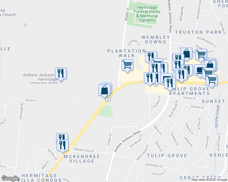 map of restaurants, bars, coffee shops, grocery stores, and more near 4546 Highway 24 in Nashville