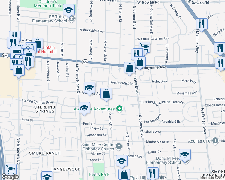 map of restaurants, bars, coffee shops, grocery stores, and more near 6121 Blossom Knoll Avenue in Las Vegas