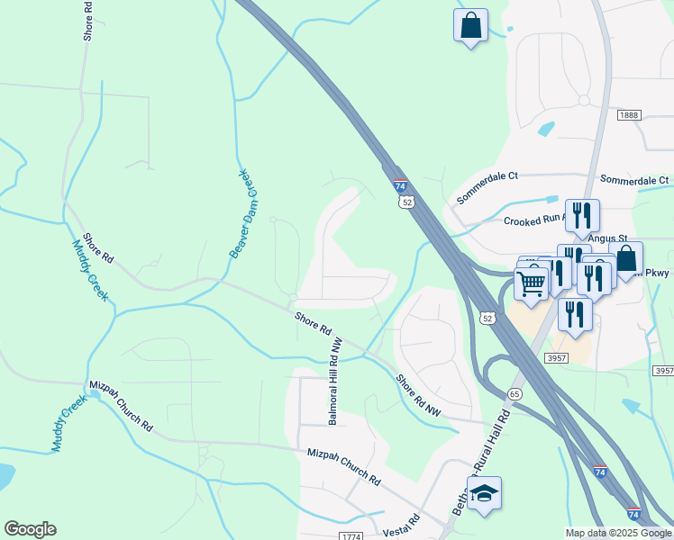 map of restaurants, bars, coffee shops, grocery stores, and more near 6461 Bentbrush Street in Rural Hall
