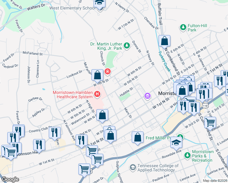 map of restaurants, bars, coffee shops, grocery stores, and more near 620 West 5th North Street in Morristown