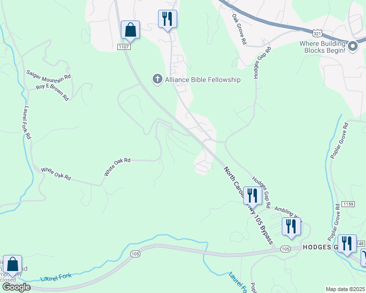 map of restaurants, bars, coffee shops, grocery stores, and more near 221 Knowles Haven Lane in Boone