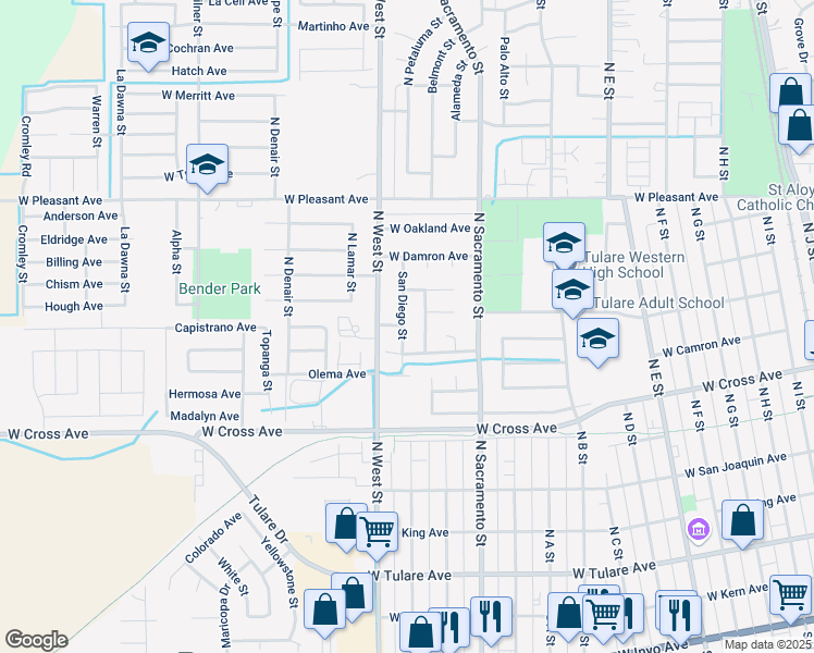 map of restaurants, bars, coffee shops, grocery stores, and more near 660 San Diego Street in Tulare