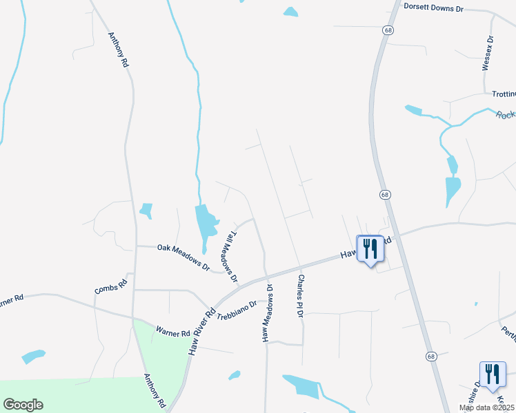 map of restaurants, bars, coffee shops, grocery stores, and more near 7702 Haw Meadows Drive in Kernersville