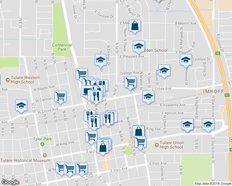 map of restaurants, bars, coffee shops, grocery stores, and more near 510 North M Street in Tulare