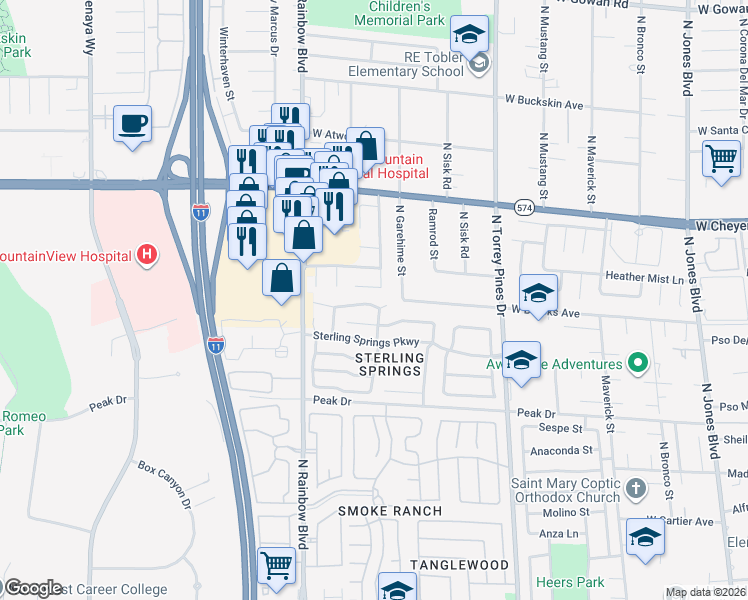 map of restaurants, bars, coffee shops, grocery stores, and more near 6600 Silver Penny Avenue in Las Vegas
