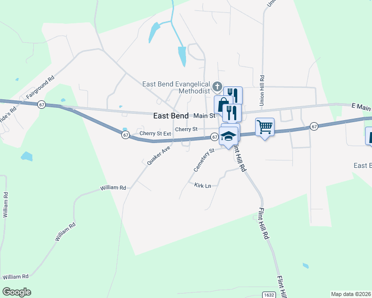 map of restaurants, bars, coffee shops, grocery stores, and more near 220 Legion Drive in East Bend