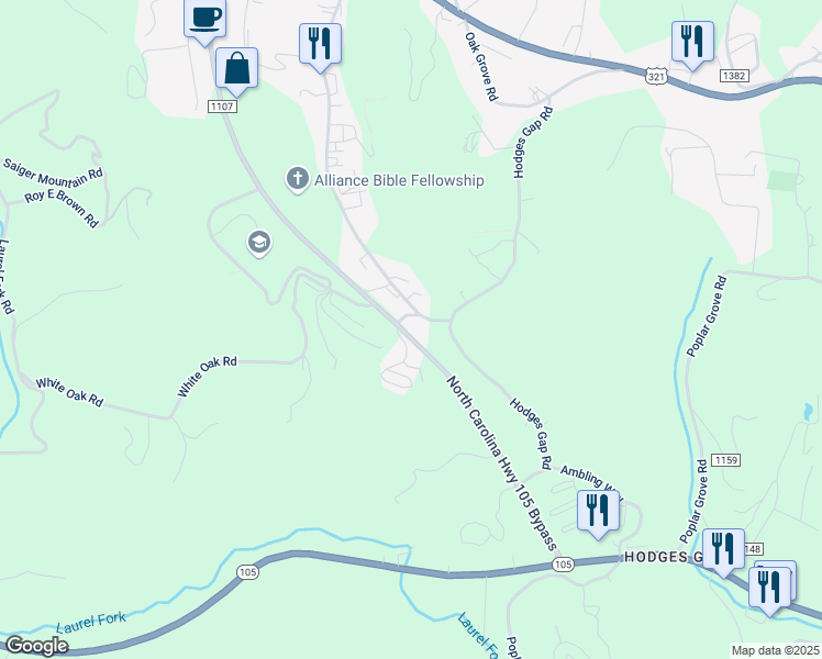 map of restaurants, bars, coffee shops, grocery stores, and more near 1397 North Carolina Highway 105 Bypass in Boone