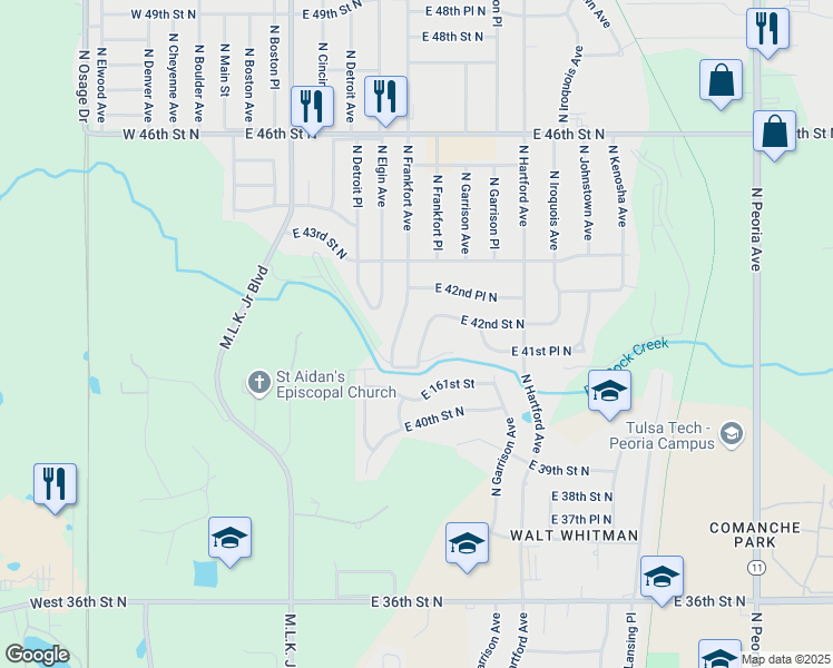 map of restaurants, bars, coffee shops, grocery stores, and more near 4145 North Frankfort Place in Tulsa