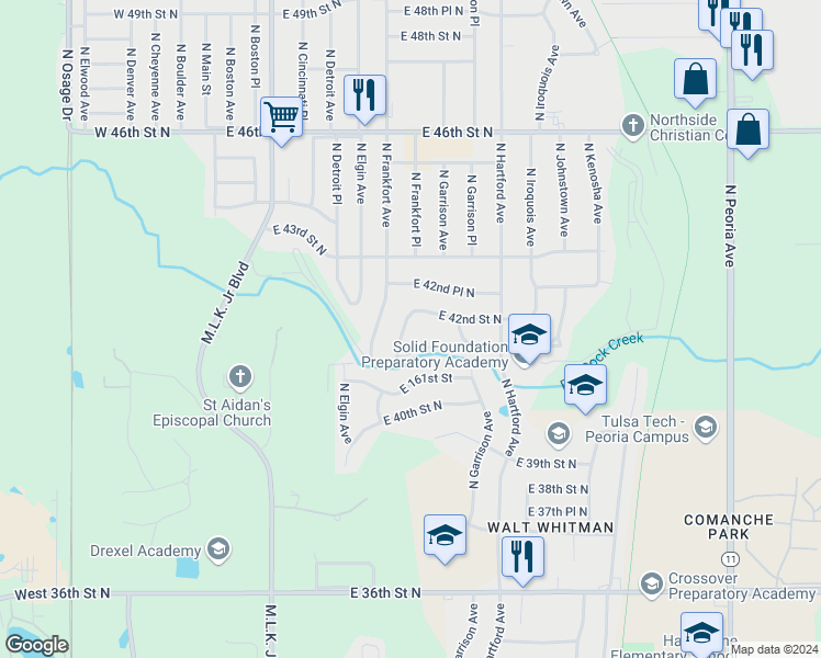 map of restaurants, bars, coffee shops, grocery stores, and more near 4133 North Frankfort Place in Tulsa