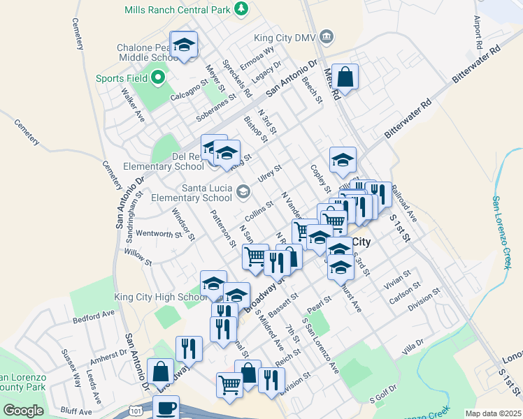 map of restaurants, bars, coffee shops, grocery stores, and more near 502 Collins Street in King City
