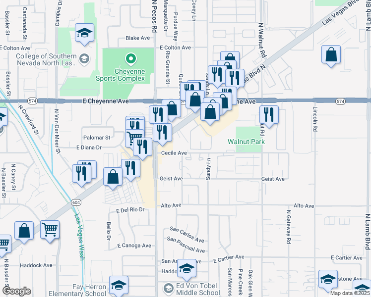 map of restaurants, bars, coffee shops, grocery stores, and more near 3610 Cecile Avenue in Las Vegas