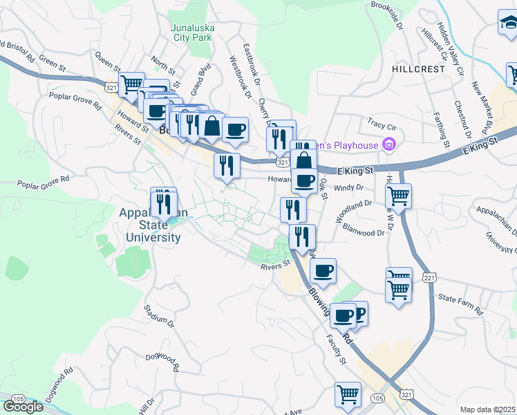 map of restaurants, bars, coffee shops, grocery stores, and more near 240 Locust Street in Boone