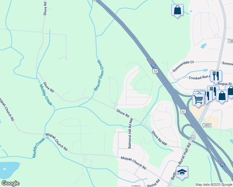map of restaurants, bars, coffee shops, grocery stores, and more near 2336 Whisperwood Street in Rural Hall