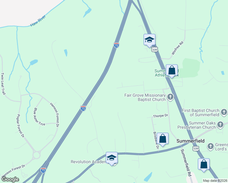 map of restaurants, bars, coffee shops, grocery stores, and more near 5607 Whispering Pines Drive in Summerfield
