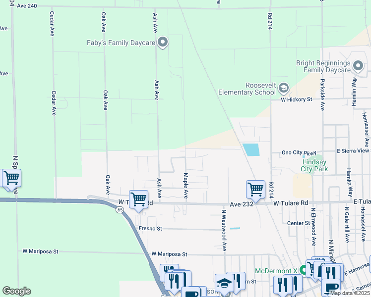 map of restaurants, bars, coffee shops, grocery stores, and more near Unimproved Agr Road Prrd in Lindsay