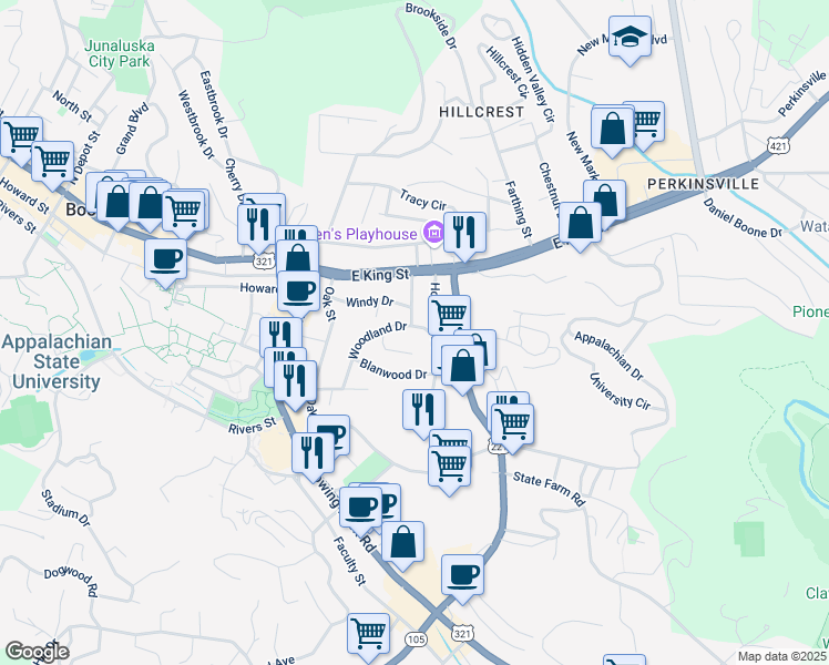map of restaurants, bars, coffee shops, grocery stores, and more near 147 Woodland Drive in Boone