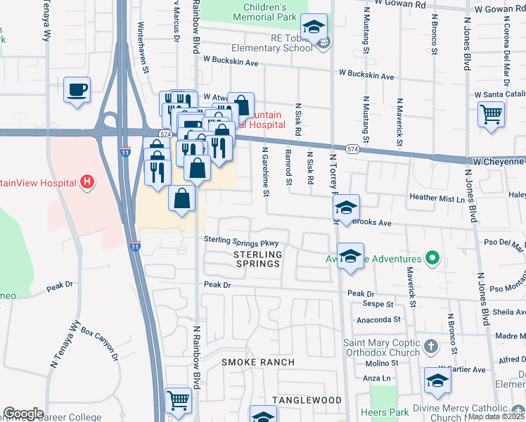 map of restaurants, bars, coffee shops, grocery stores, and more near 3001 North Garehime Street in Las Vegas