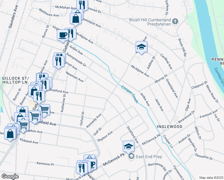 map of restaurants, bars, coffee shops, grocery stores, and more near 1435A Norvel Avenue in Nashville