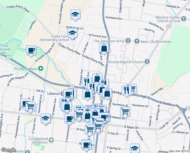 map of restaurants, bars, coffee shops, grocery stores, and more near 506 Green Street in Lebanon