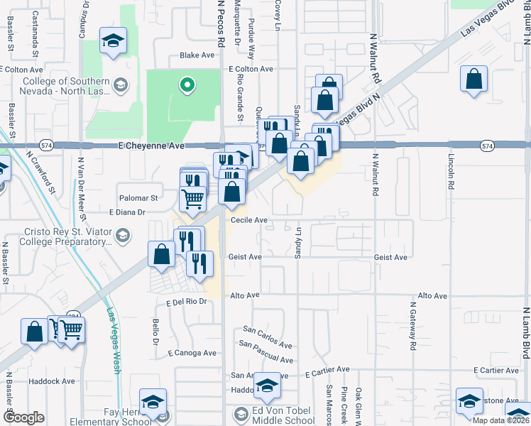 map of restaurants, bars, coffee shops, grocery stores, and more near 3610 Cecile Avenue in Las Vegas