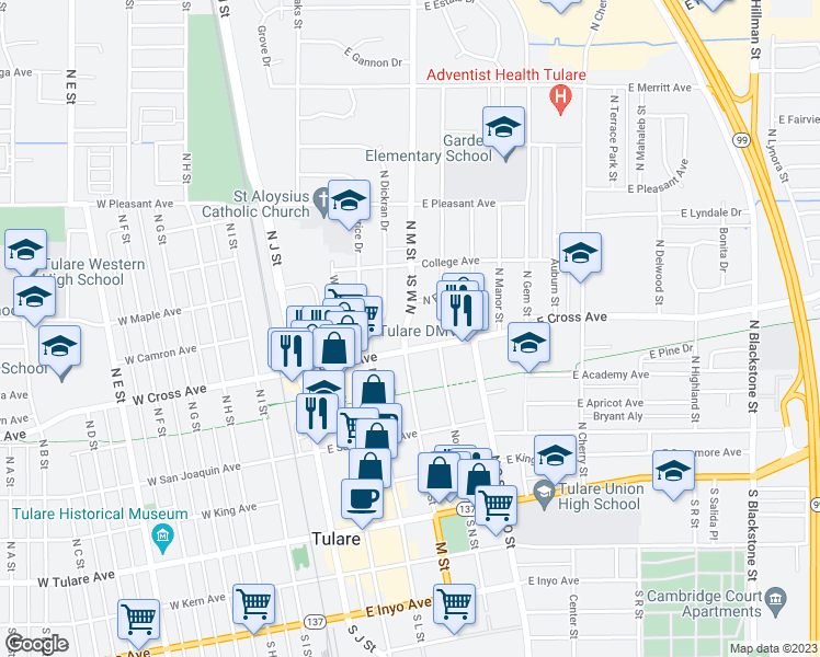 map of restaurants, bars, coffee shops, grocery stores, and more near 512 North M Street in Tulare