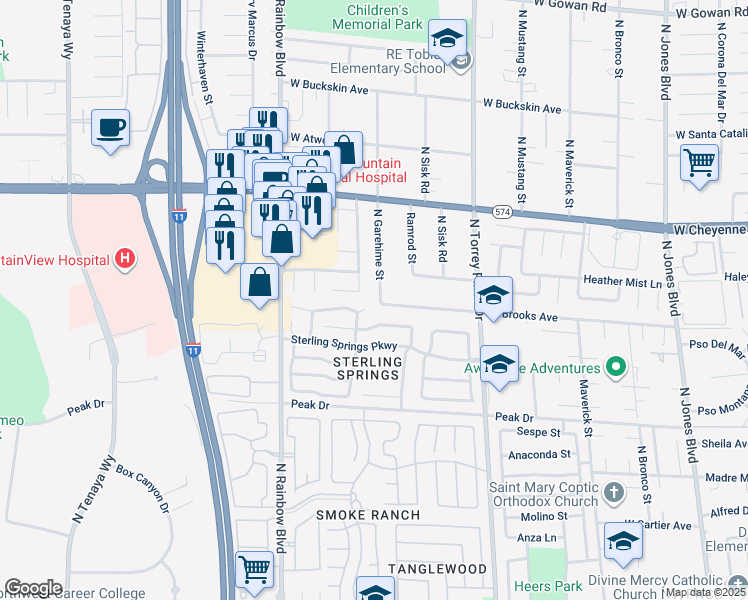 map of restaurants, bars, coffee shops, grocery stores, and more near 3001 North Garehime Street in Las Vegas