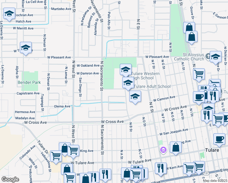 map of restaurants, bars, coffee shops, grocery stores, and more near 917 West Maple Avenue in Tulare