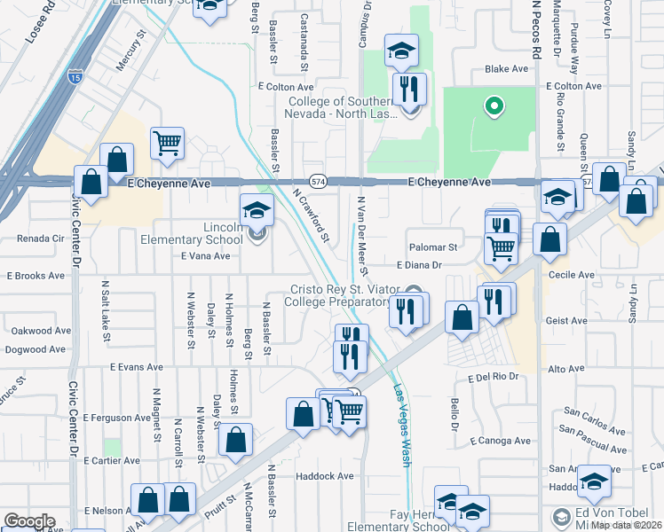 map of restaurants, bars, coffee shops, grocery stores, and more near 3009 North Crawford Street in North Las Vegas