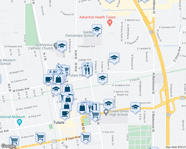 map of restaurants, bars, coffee shops, grocery stores, and more near 572 East Cross Avenue in Tulare