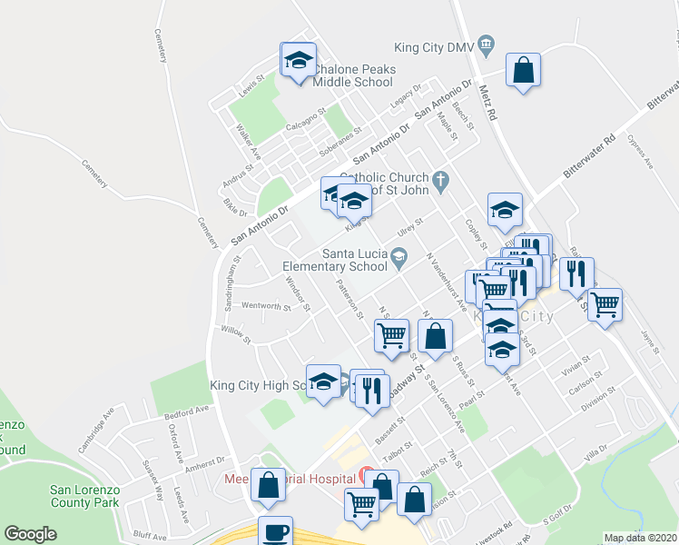 map of restaurants, bars, coffee shops, grocery stores, and more near 502 Patterson Street in King City