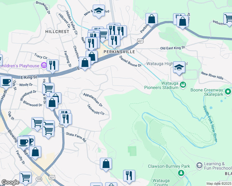 map of restaurants, bars, coffee shops, grocery stores, and more near 246 East Ridge Drive in Boone