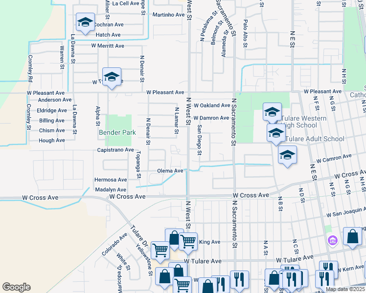 map of restaurants, bars, coffee shops, grocery stores, and more near 553 North West Street in Tulare
