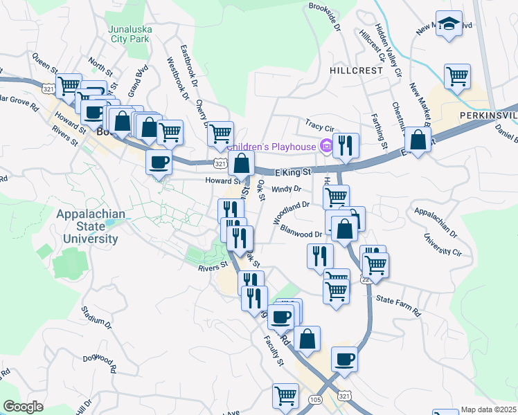 map of restaurants, bars, coffee shops, grocery stores, and more near 221 Oak Street in Boone