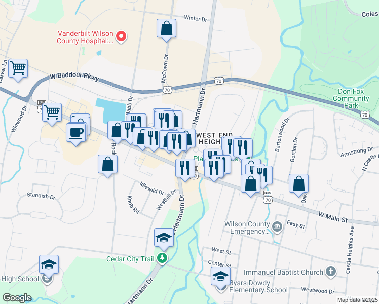 map of restaurants, bars, coffee shops, grocery stores, and more near 120 West End Heights in Lebanon