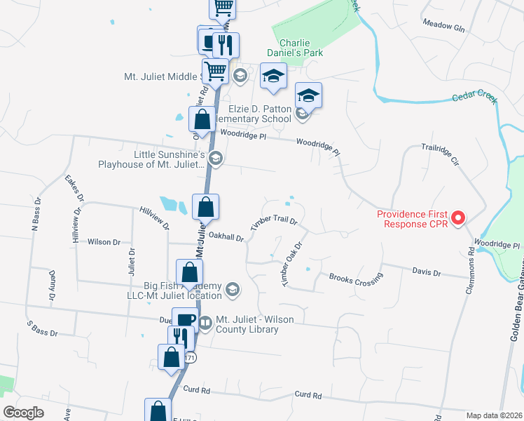 map of restaurants, bars, coffee shops, grocery stores, and more near 6005 Crestview court in Mt. Juliet