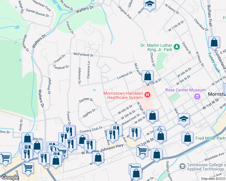 map of restaurants, bars, coffee shops, grocery stores, and more near 1215 McConnell Street in Morristown